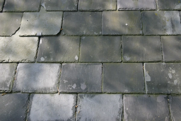 Close-up of aging slate roof tiles showing surface weathering and broken tiles